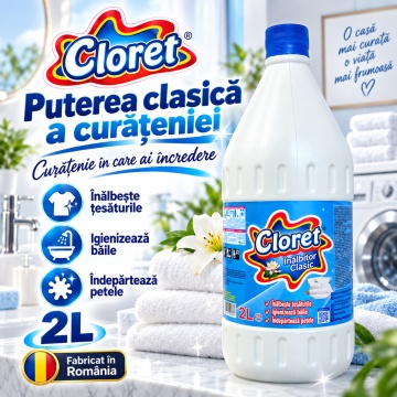 Înălbitor Clasic Cloret, pentru Rufe Albe și Igienizarea Băii, Îndepărtează Petele și Murdăria, Curățare Intensivă, 2 L - Img 2