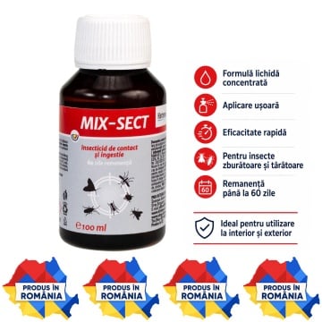Insecticid lichid concentrat MIX-SECT, pentru interior și exterior, combate muște, țânțari, viespi, furnici, purici, gândaci și ploșnițe, aviz biocid, 100 ml, 4x Stickere
