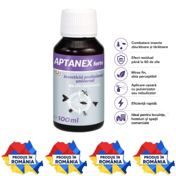 Insecticid profesional APTANEX, concentrat emulsionabil, pentru apartamente, hoteluri și spații comerciale, combate insecte zburătoare și târâtoare, 100 ml, 4x Stickere