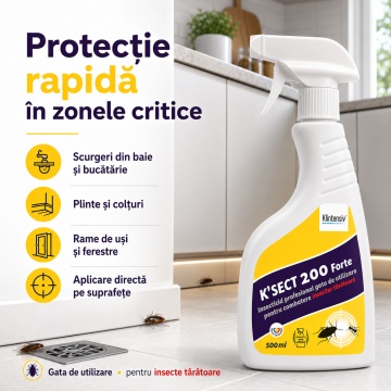 Insecticid spray K-Sect 200 Forte, pentru insecte târâtoare, gândaci, furnici, purici, căpușe și alte artropode, gata de utilizare, cu Cipermetrin, Piperonil butoxid și Tetrametrin, 500 ml, 4x Stickere - Img 3