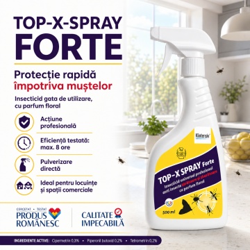 Insecticid spray TOP-X-SPRAY FORTE, pentru combaterea muștelor și insectelor zburătoare, gata de utilizare, acțiune prin contact, eficacitate 100% în maxim 8 ore, 500 ml, 4x Stickere - Img 3
