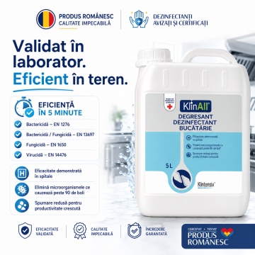 KlinAll Degresant Dezinfectant Bucătărie Klintensiv, curăță, degresează și dezinfectează în 5 minute, biodegradabil peste 98%, pentru HoReCa și uz profesional, 5 L, 4x Stickere - Img 6