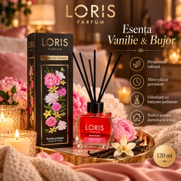 Loris Parfum Vanilie & Bujor 120 ml – Odorizant de Cameră cu Bețișoare Parfumate - Img 3