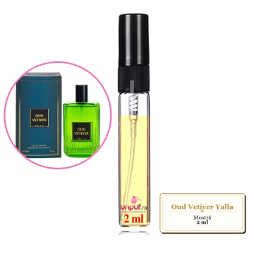 Mostra fiola din Oud Vetiver Yalla, decant sticla cu pulverizator