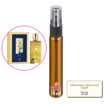 Mostra fiola din Parfumul Alhambra Minerale Gold, decant sticla cu pulverizator