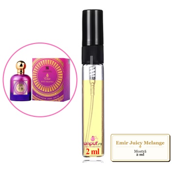Mostra fiola din Parfumul Emir Juicy Melange, decant sticla cu pulverizator