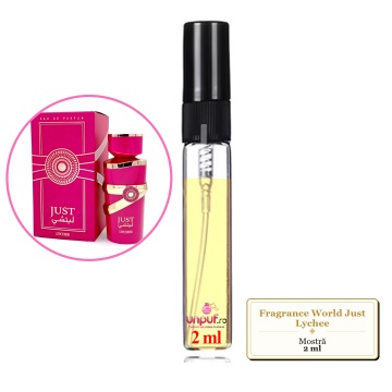 Mostra fiola din Parfumul Fragrance World Just Lychee, decant sticla cu pulverizator