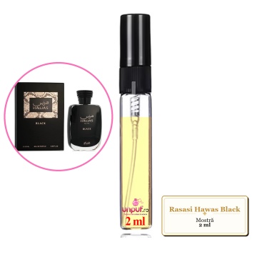 Mostra fiola din Parfumul Rasasi Hawas Black, decant sticla cu pulverizator