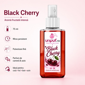 Odorizant auto si casa Unpuf Black Cherry, cu pulverizator, aroma intensa de cirese negre, improspatare aer si parfum de durata, 75 ml