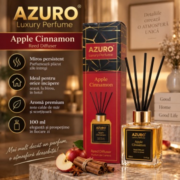 Odorizant Cameră Azuro Apple Cinnamon Luxury Perfume, Difuzor cu Bețișoare, Parfum Măr și Scorțișoară, 100 ml - Img 2