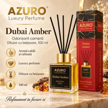 Odorizant Cameră Azuro Aquamarine Luxury Perfume, Difuzor cu Bețișoare, Parfum Ambiental Fresh, 100 ml