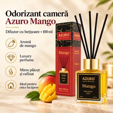 Odorizant Cameră Azuro Mango Luxury Perfume, Difuzor cu Bețișoare, Parfum Fructat Tropical, 100 ml