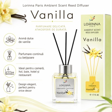 Odorizant de camera cu betisoare Lorinna Paris Ambient Scent Reed Diffuser, Vanilya, aroma dulce si catifelata, pentru living, dormitor, baie si hol, 50 ml