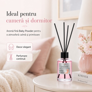 Odorizant de camera cu betisoare Lorinna Paris Ambient Scent Reed Diffuser, Baby Powder, aroma delicata si pudrata, pentru living, dormitor, baie si hol, 50 ml - Img 3