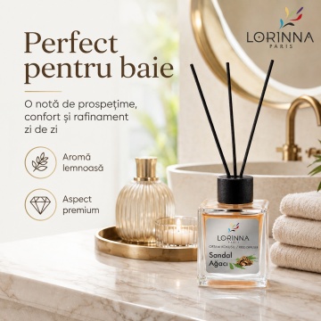 Odorizant de camera cu betisoare Lorinna Paris Ambient Scent Reed Diffuser, Sandal Wood, aroma calda si lemnoasa, pentru living, dormitor, hotel si birou, 50 ml - Img 3