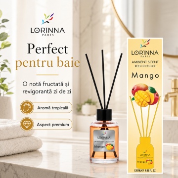 Odorizant de camera cu betisoare Lorinna Paris Ambient Scent Reed Diffuser, Mango, aroma fructata si tropicala, pentru living, dormitor, baie si hol, 120 ml - Img 3