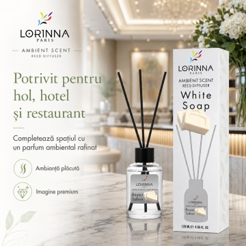 Odorizant de camera cu betisoare Lorinna Paris Ambient Scent Reed Diffuser, White Soap, aroma curata si proaspata, pentru living, dormitor, baie si hol, 120 ml - Img 3