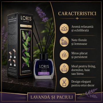 Odorizant de Cameră cu Bețișoare Parfumate Loris Parfum Lavandă și Paciuli, 120 ml, Esență Floral Lemnoasă, Miros Elegant și Persistent - Img 3