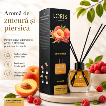 Odorizant de Cameră cu Bețișoare Parfumate Loris Parfum Zmeură și Piersică, 120 ml, Esență Fructată, Miros Plăcut și Persistent