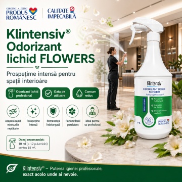 Odorizant lichid profesional Klintensiv Flowers, parfum floral persistent, gata de utilizare, pentru spații interioare, birouri, hoteluri, restaurante, vestiare și locuințe, 1 L, 4x Stickere - Img 2