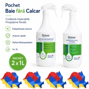 Pachet baie fara calcar Klintensiv Professional, Anticalcar Rapid RTU si odorizant profesional Flowers, curatare baie si parfum floral, 2 produse, 2x 1L, 4x Stickere
