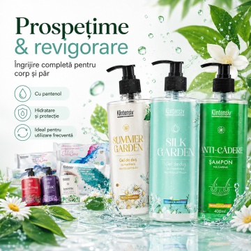 Pachet complet ingrijire Klintensiv, sapunuri Bujori si Frezii, Liliac si Iasomie 500 ml, geluri Summer Garden si Silk Garden 400 ml, sampon Anti-Cadere 400 ml, servetele IntimCare, demachiante, hartie umeda si dezinfectante, 10 produse, 4x Stickere - Img 4