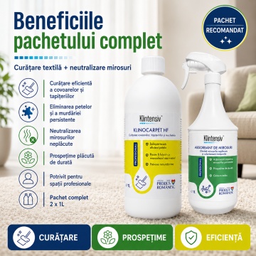 Pachet curatare textile si eliminare mirosuri Klintensiv Professional Textile Fresh, KLINOCARPET HF si absorbant profesional, 2x 1 L, 4x Stickere - Img 4