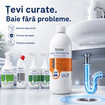 Pachet curatenie baie si grup sanitar Klintensiv Professional, Anticalcar Rapid RTU, Igienic Plus, desfundat tevi, absorbant mirosuri si odorizant Flowers, 5 produse, 4.75 L, 4x Stickere - Img 4