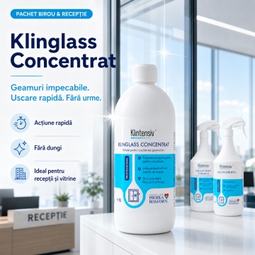 Pachet curatenie birou si receptie Klintensiv Professional, MultiClin RTU, solutie lemn si mobila, Klinglass geamuri, 3x 1 L, 4x Stickere - Img 4