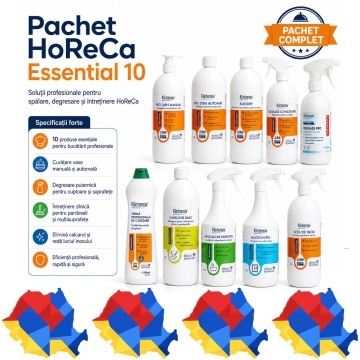 Pachet curatenie profesionala HoReCa Klintensiv Professional Essential 10, detergenti vase, degresanti, pardoseli, anticalcar, multisuprafete si inox, 10 produse, 9 L, 4x Stickere
