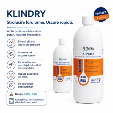 Pachet detergent si aditiv clatire masina de spalat vase Klintensiv Professional PRO DISH si KLINDRY, sistem automat profesional, 2 produse, 2x 1L, 4x Stickere - Img 4