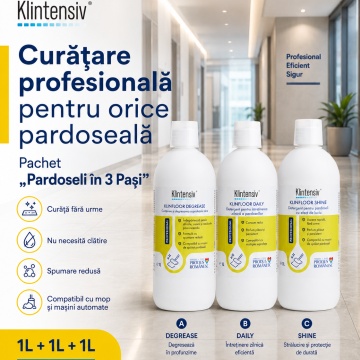 Pachet detergenti pardoseli Klintensiv Professional KLINFLOOR, DEGREASE, DAILY si SHINE, degresare, intretinere si luciu, 3 x 1 L, 4x Stickere - Img 4