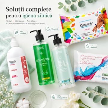 Pachet igiena completa Klintensiv, KlinSafe sapun delicat 500 ml, gel de dus Silk Garden 400 ml, sampon Anti-Cadere 400 ml, servetele dezinfectante 70 buc si hartie igienica umeda 40 buc, 5 produse, 4x Stickere - Img 4