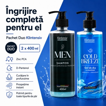 Pachet ingrijire barbati Klintensiv, sampon cu Zinc PCA si Pantenol 400 ml si gel de dus hidratant Cold Breeze 400 ml, 2 produse, 800 ml, 4x Stickere - Img 4