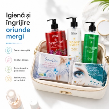Pachet ingrijire completa Klintensiv, sapun Bujori si Frezii 500 ml, gel de dus Summer Garden 400 ml, sampon Anti-Cadere 400 ml, servetele IntimCare 40 buc si demachiante 25 buc, 5 produse, 4x Stickere - Img 4