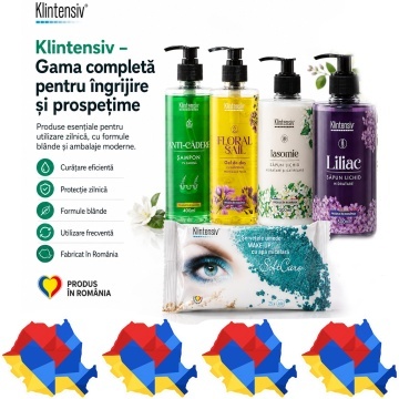 Pachet ingrijire completa Klintensiv, sapun lichid Liliac 500 ml, sapun lichid Iasomie 500 ml, gel de dus Floral Sail 400 ml, sampon Anti-Cadere 400 ml si servetele demachiante 25 buc, 5 produse, 4x Stickere