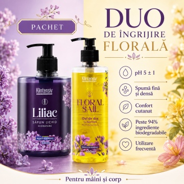 Pachet ingrijire corp Klintensiv, sapun lichid Liliac 500 ml si gel de dus hidratant Floral Sail 400 ml, 2 produse, 900 ml, 4x Stickere - Img 4