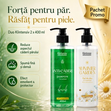 Pachet ingrijire par si corp Klintensiv, sampon Anti-Cadere 400 ml si gel de dus hidratant Summer Garden 400 ml, 2 produse, 800 ml, 4x Stickere - Img 4