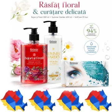 Pachet ingrijire personala Klintensiv, sapun lichid Bujori si Frezii 500 ml, gel de dus Summer Garden 400 ml si servetele demachiante 25 buc/set, 3 produse, 4x Stickere
