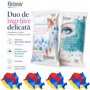 Pachet servetele umede Klintensiv, IntimCare pentru igiena intima 40 buc si servetele demachiante pentru fata 25 buc, 2 pachete, 65 servetele, 4x Stickere