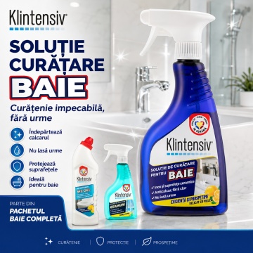 Pachet solutii curatenie baie, WC, geamuri si oglinzi Klintensiv, anticalcar, detartrant si efect antistatic, 3 produse, 1,75 L, 4x Stickere - Img 3
