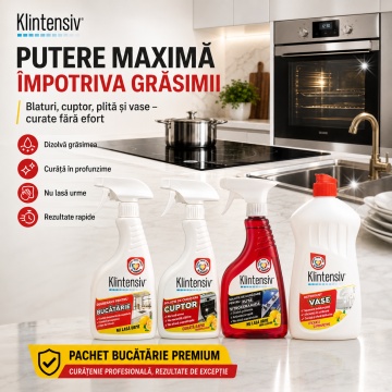 Pachet solutii curatenie bucatarie premium Klintensiv, degresant, solutie cuptor, solutie plita vitroceramica si detergent de vase, 4x 500 ml, 4x Stickere - Img 3