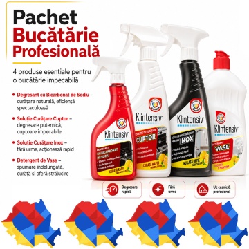 Pachet solutii curatenie bucatarie profesionala Klintensiv, degresant cu bicarbonat, solutie cuptor, solutie inox si detergent de vase, 4x 500 ml, 4x Stickere