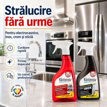 Pachet solutii curatenie electrocasnice si inox Klintensiv, spray pentru frigidere, hote, cuptoare si suprafete inox, fara urme, 2x 500 ml, 4x Stickere - Img 3