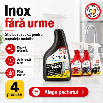 Pachet solutii curatenie electrocasnice si suprafete delicate Klintensiv, pentru inox, plita vitroceramica, teflon si aparate electrocasnice, 4x 500 ml, 4x Stickere - Img 3