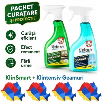 Pachet solutii curatenie si protectie suprafete KlinSmart Klintensiv, solutie cu pelicula protectoare si solutie geamuri cu efect antistatic, 2x 500 ml, 4x Stickere