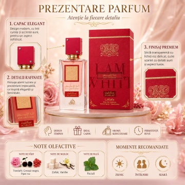 Parfum Arăbesc Ana Abiyedh Scarlet Lattafa 60 ml, Apă de Parfum Unisex, Aromă Aromatic Fructată cu Cireașă Neagră, Piper Roz, Trandafir Alb, Bujor, Tonka, Nucșoară, Caramel, Paciuli, Vanilie și Zahăr - Img 3