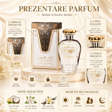 Parfum Arăbesc Ard Al Zaafaran Turab Al Dhahab 100 ml, Apă de Parfum Damă, Inspirat Soleil Blanc, Aromă Oriental Ambrată Solară cu Cocos, Citrice, Bergamotă, Vanilie, Flori Albe, Lemn de Cedru, Lemn de Santal, Mosc și Note Pudrate - Img 3
