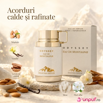 Parfum Arăbesc Armaf Odyssey Eau De Montagne 100 ml, Apă de Parfum Unisex Damă și Bărbat, Aromă Aromatic Orientală cu Acorduri Calde, Migdale, Vanilie, Santal, Mosc și Flori Albe - Img 5