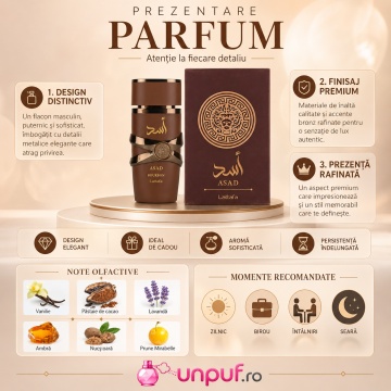 Parfum Arăbesc Asad Bourbon Lattafa 100 ml, Apă de Parfum Bărbat, Aromă Oriental Condimentată cu Lavandă, Piper Roz, Prună, Cacao, Davana, Nucșoară, Bourbon, Ambră, Vanilie și Vetiver - Img 3